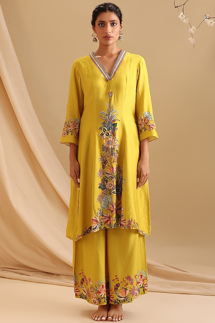 Yellow Chanderi Embellished Kurta Set by Soup by Sougat Paul