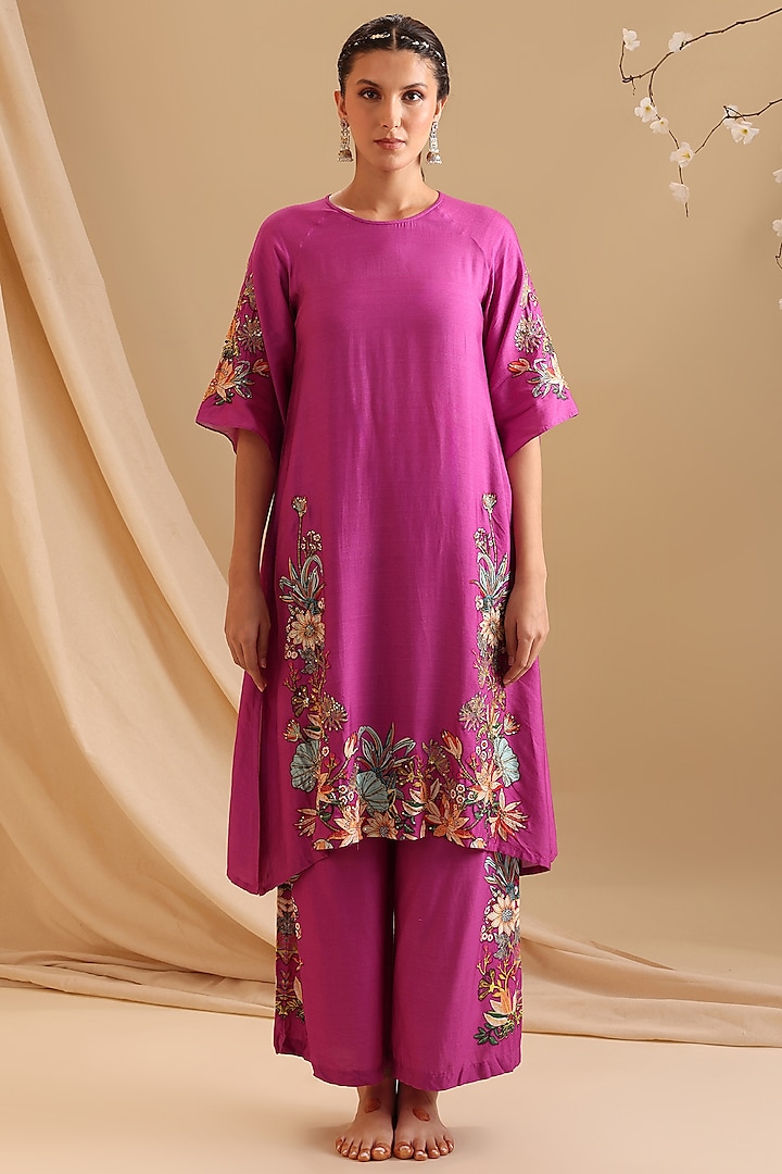 Fuchsia Pink Chanderi Embellished Kurta Set by Soup by Sougat Paul