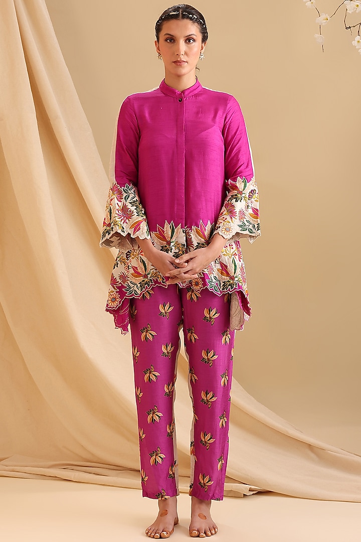 Fuchsia Pink Malaysian Silk Embellished Co-Ord Set by Soup by Sougat Paul at Pernia's Pop Up Shop