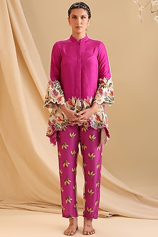 Fuchsia Pink Malaysian Silk Embellished Co-Ord Set by Soup by Sougat Paul