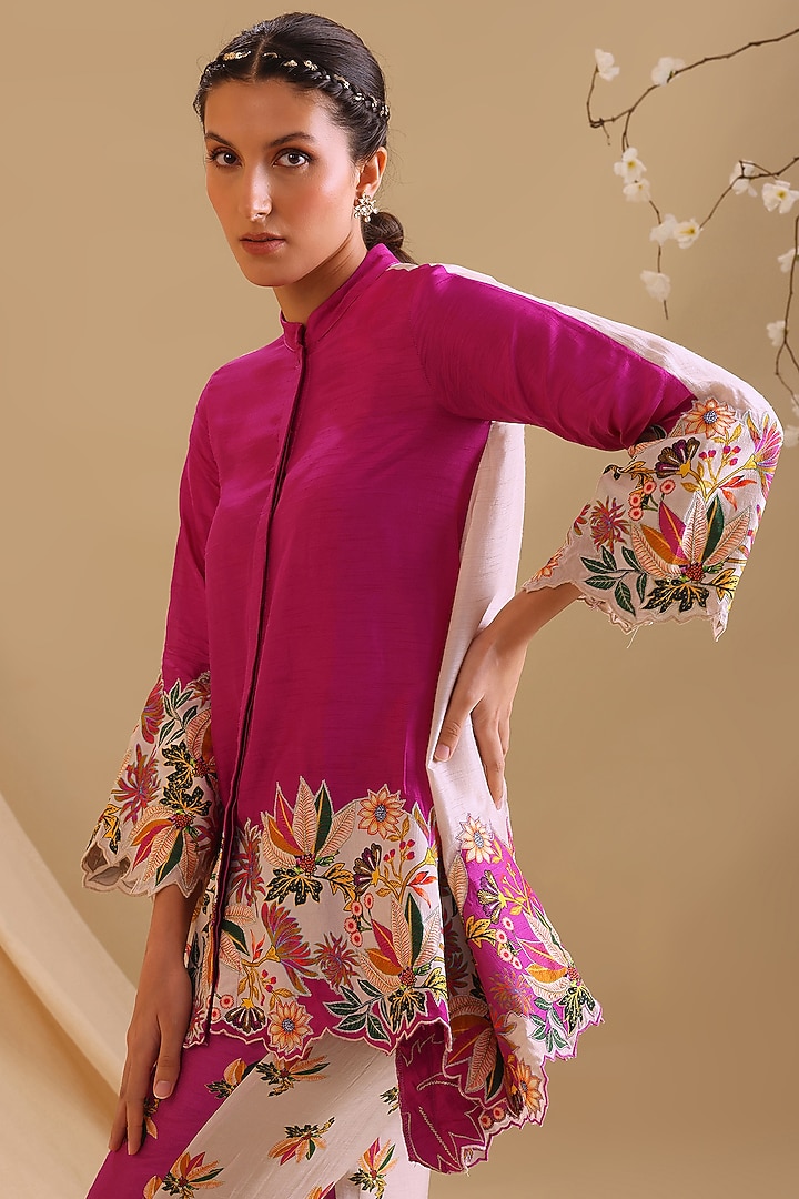 Fuchsia Pink Malaysian Silk Embellished Co-Ord Set by Soup by Sougat Paul at Pernia's Pop Up Shop