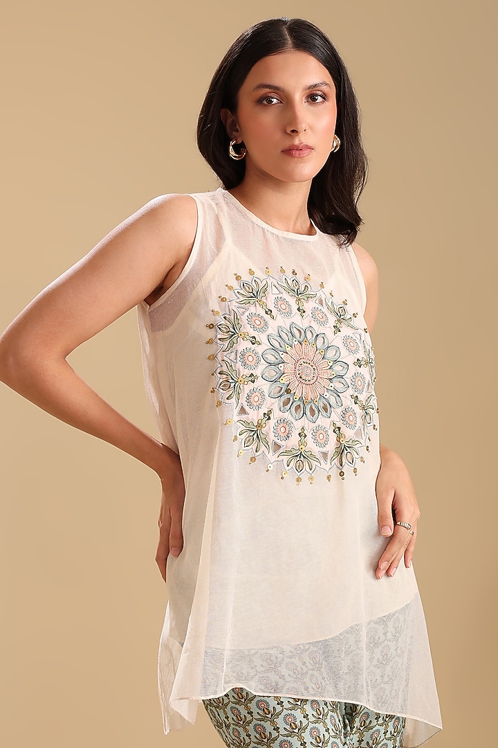 Off-White & Green Handloom Net Applique Embroidered Co-Ord Set by Soup by Sougat Paul at Pernia's Pop Up Shop
