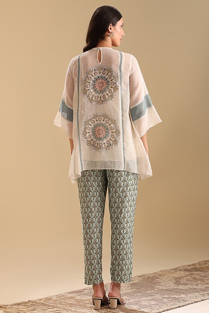 Off-White & Green Handloom Cotton Applique Embroidered Co-Ord Set by Soup by Sougat Paul at Pernia's Pop Up Shop