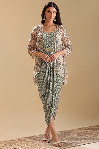 Green Crepe Printed Dress With Cape by Soup by Sougat Paul