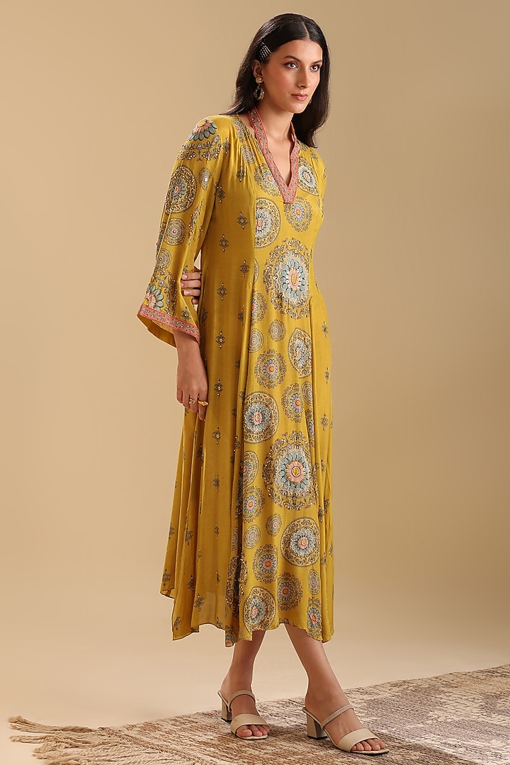 Yellow Chanderi Embellished Vacation Dress by Soup by Sougat Paul at Pernia's Pop Up Shop