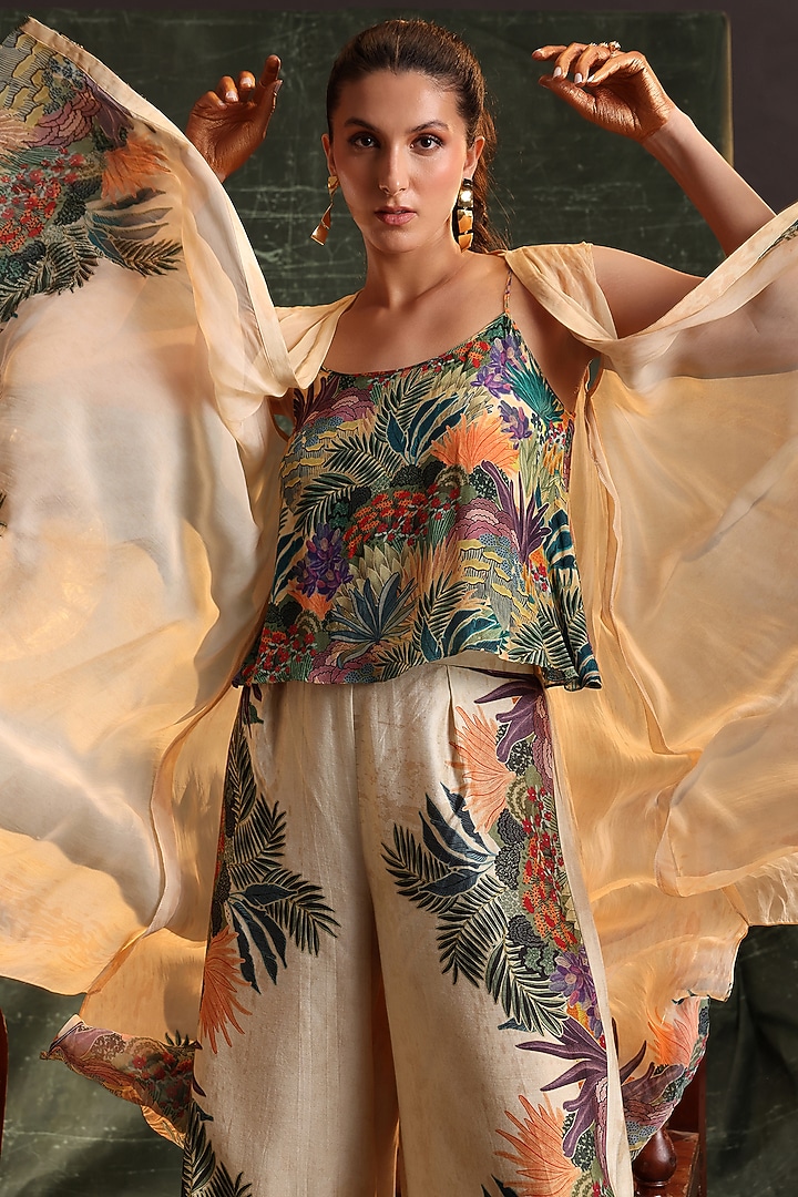Beige Organza Embellished Asymmetrical Cape Set by Soup by Sougat Paul at Pernia's Pop Up Shop