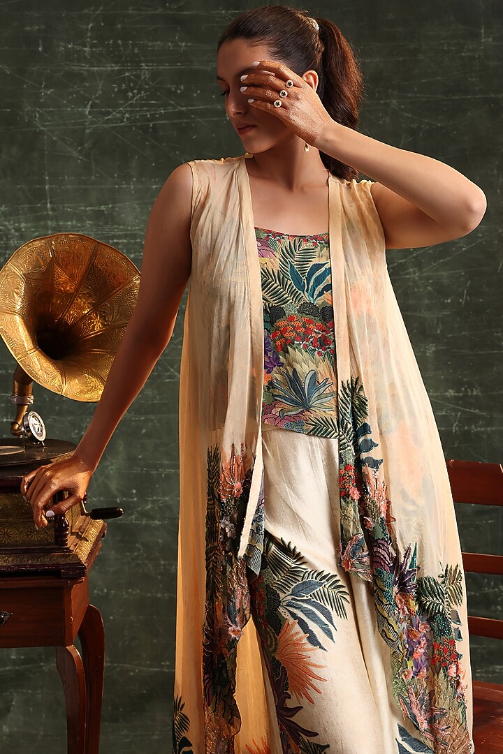 Beige Organza Embellished Asymmetrical Cape Set by Soup by Sougat Paul at Pernia's Pop Up Shop