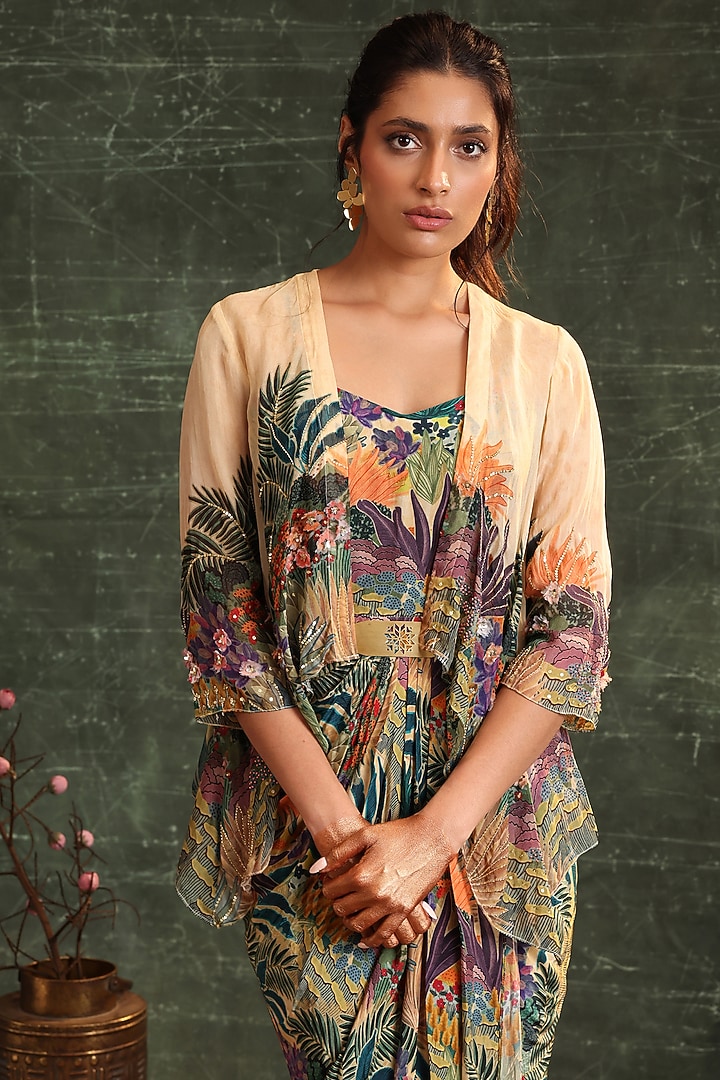 Beige Crepe Printed & Embellished Jacket Vacation Dress by Soup by Sougat Paul at Pernia's Pop Up Shop