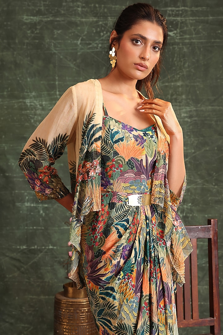 Beige Crepe Printed & Embellished Jacket Vacation Dress by Soup by Sougat Paul at Pernia's Pop Up Shop