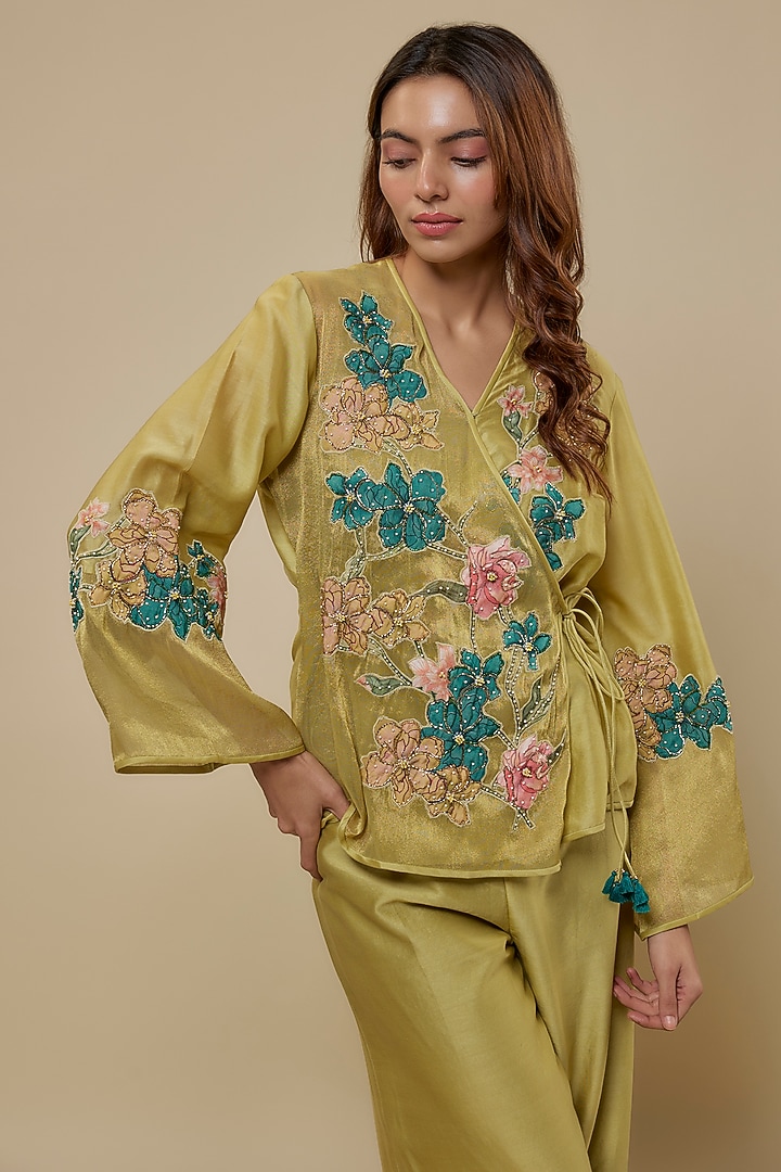 Green Chanderi Pant Set by Soup by Sougat Paul at Pernia's Pop Up Shop