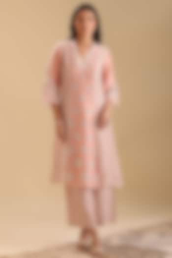 Peach Linen Cotton Embellished Straight Kurta Set by Soup by Sougat Paul