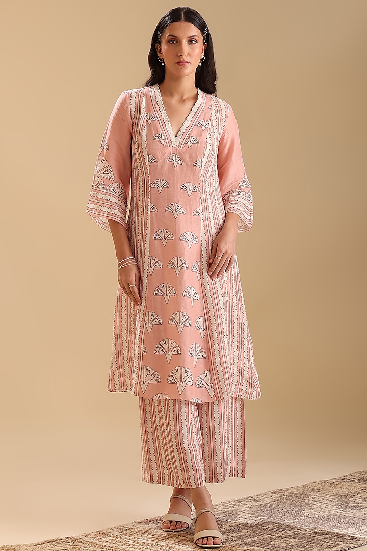 Peach Linen Cotton Embellished Straight Kurta Set by Soup by Sougat Paul