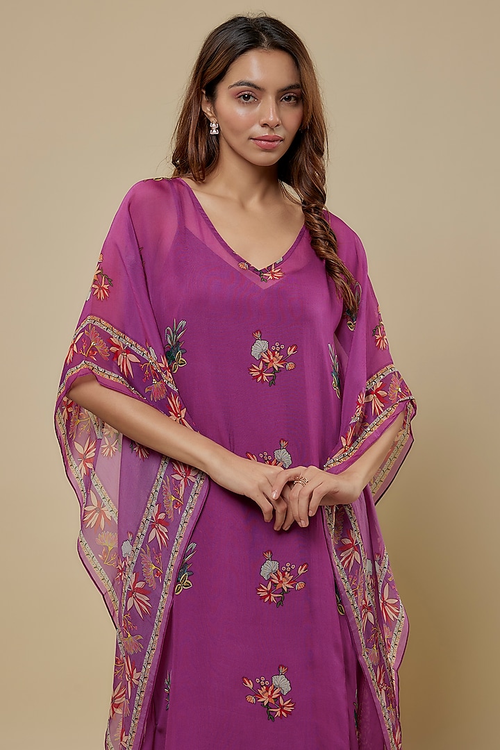 Purple Flat Chiffon Embellished Kaftan by Soup by Sougat Paul at Pernia's Pop Up Shop