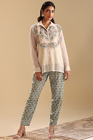 Beige & Green Linen Slub Printed Co-Ord Set by Soup by Sougat Paul