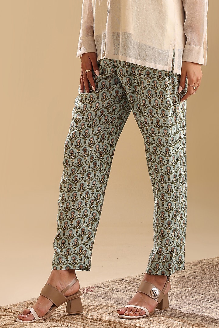 Beige & Green Linen Slub Printed Co-Ord Set by Soup by Sougat Paul at Pernia's Pop Up Shop