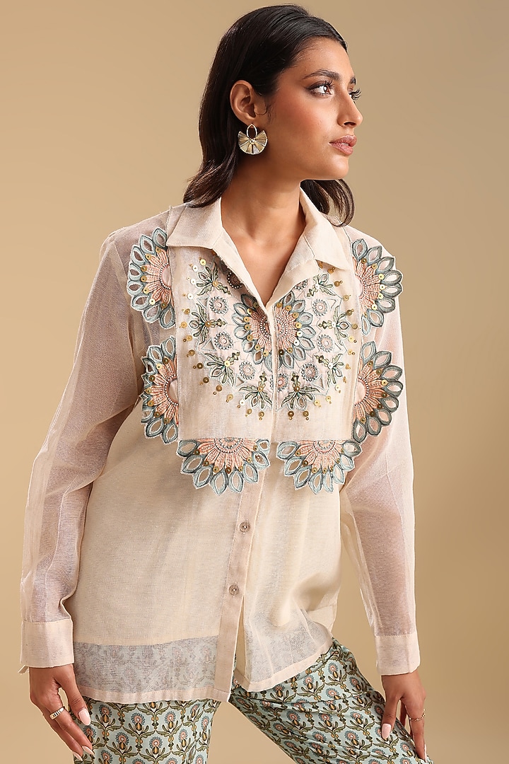 Beige & Green Linen Slub Printed Co-Ord Set by Soup by Sougat Paul at Pernia's Pop Up Shop