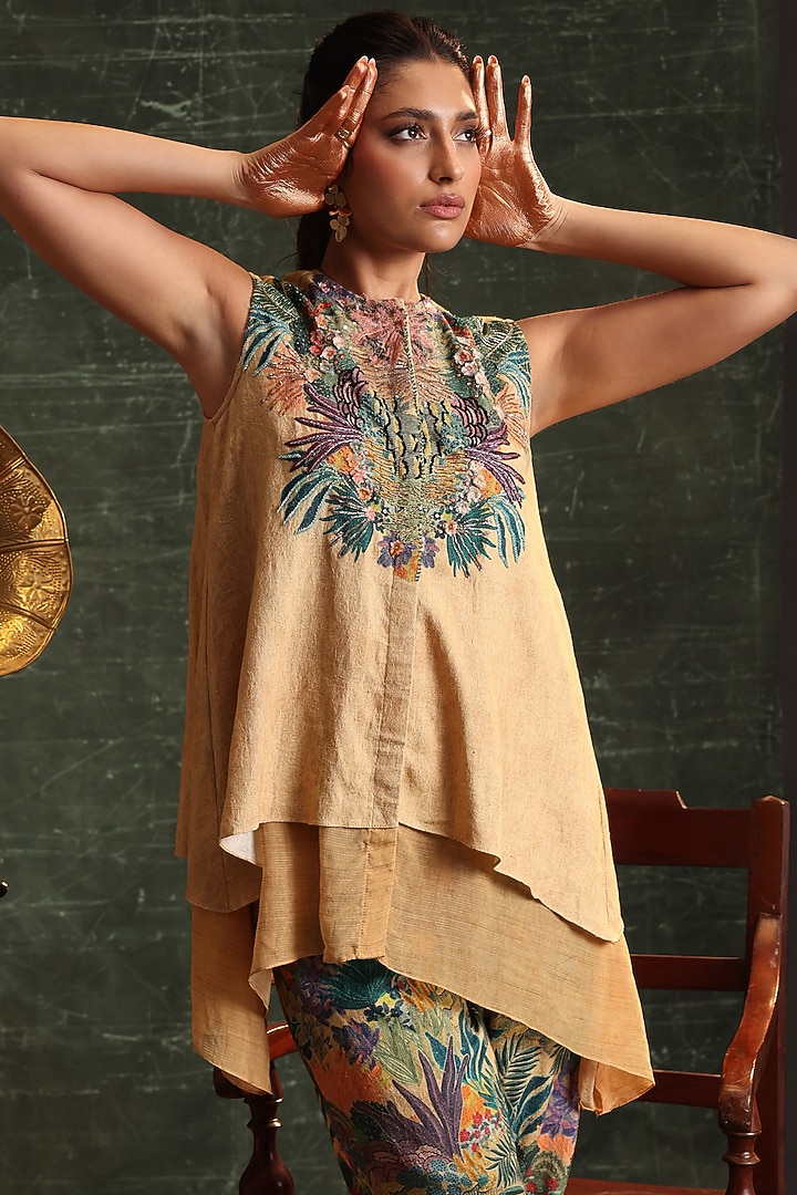 Beige Cotton Embellished & Printed Co-Ord Set by Soup by Sougat Paul at Pernia's Pop Up Shop
