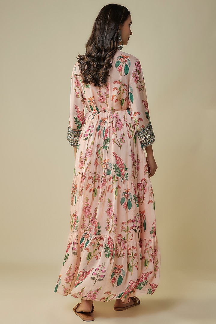 Pink Flat Chiffon & Malaysian Silk Printed Maxi Vacation Dress by Soup by Sougat Paul at Pernia's Pop Up Shop
