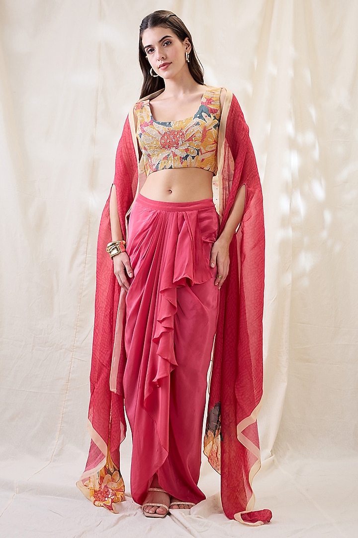 Pink Crepe Draped Skirt Set by Soup by Sougat Paul at Pernia's Pop Up Shop