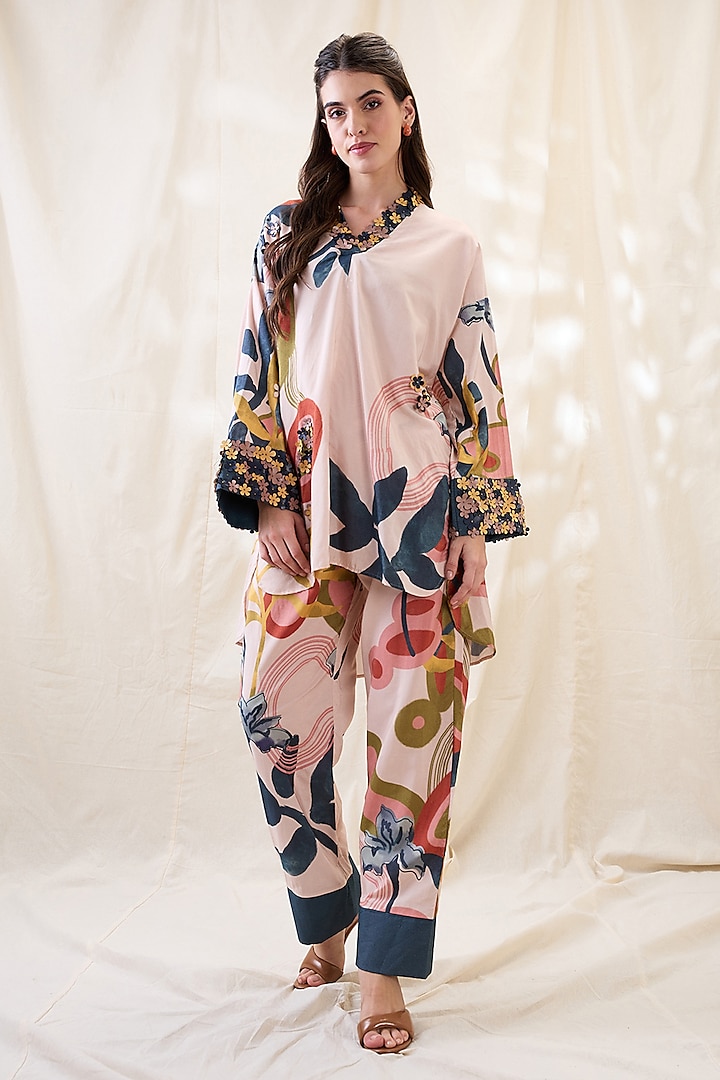 Beige Chanderi Floral Embellished Tunic Set by Soup by Sougat Paul at Pernia's Pop Up Shop