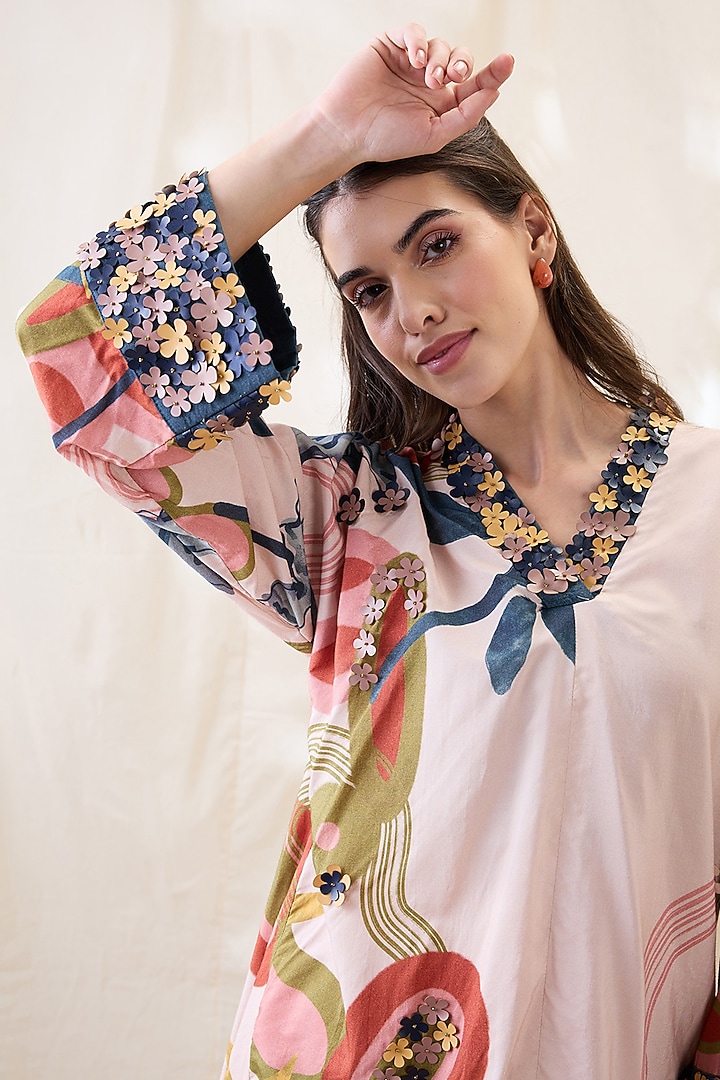 Beige Chanderi Floral Embellished Tunic Set by Soup by Sougat Paul at Pernia's Pop Up Shop