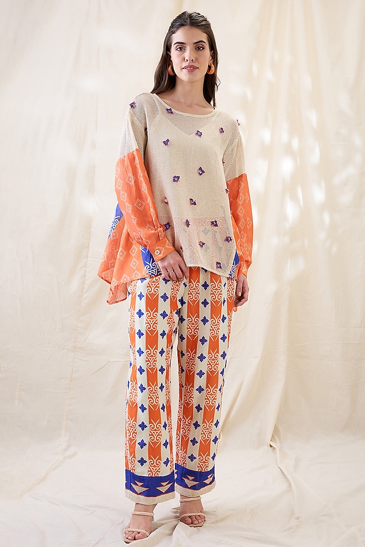 Orange & Off-White Linen Applique Work Co-Ord Set by Soup by Sougat Paul at Pernia's Pop Up Shop