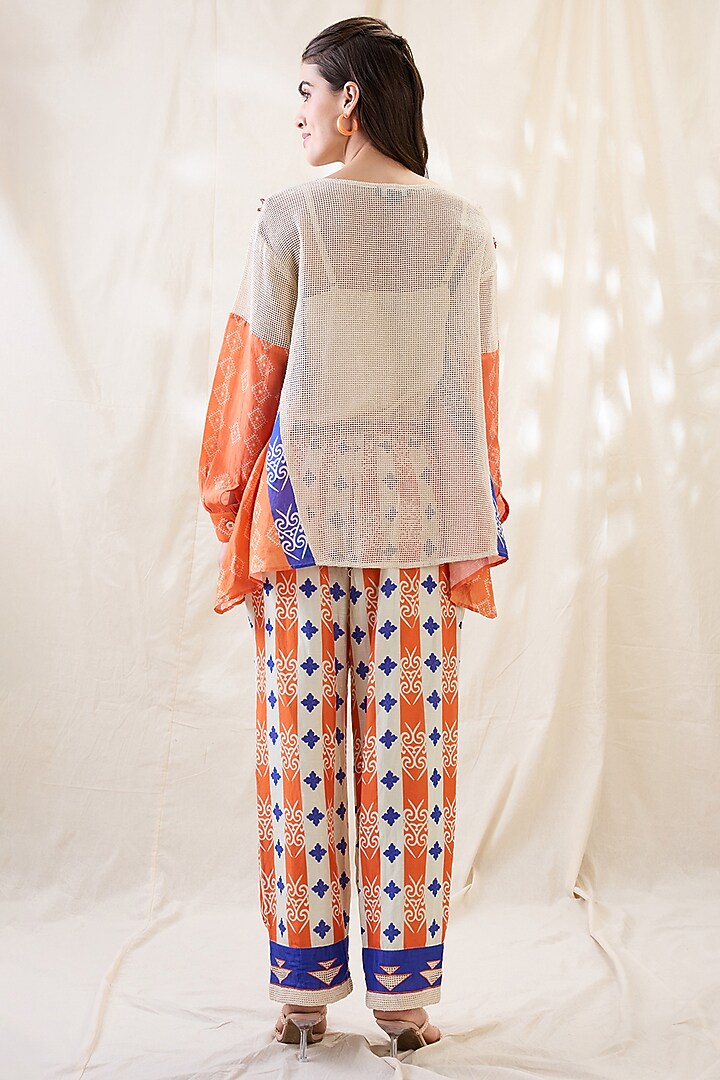 Orange & Off-White Linen Applique Work Co-Ord Set by Soup by Sougat Paul at Pernia's Pop Up Shop