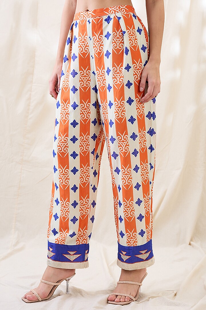Orange & Off-White Linen Applique Work Co-Ord Set by Soup by Sougat Paul at Pernia's Pop Up Shop