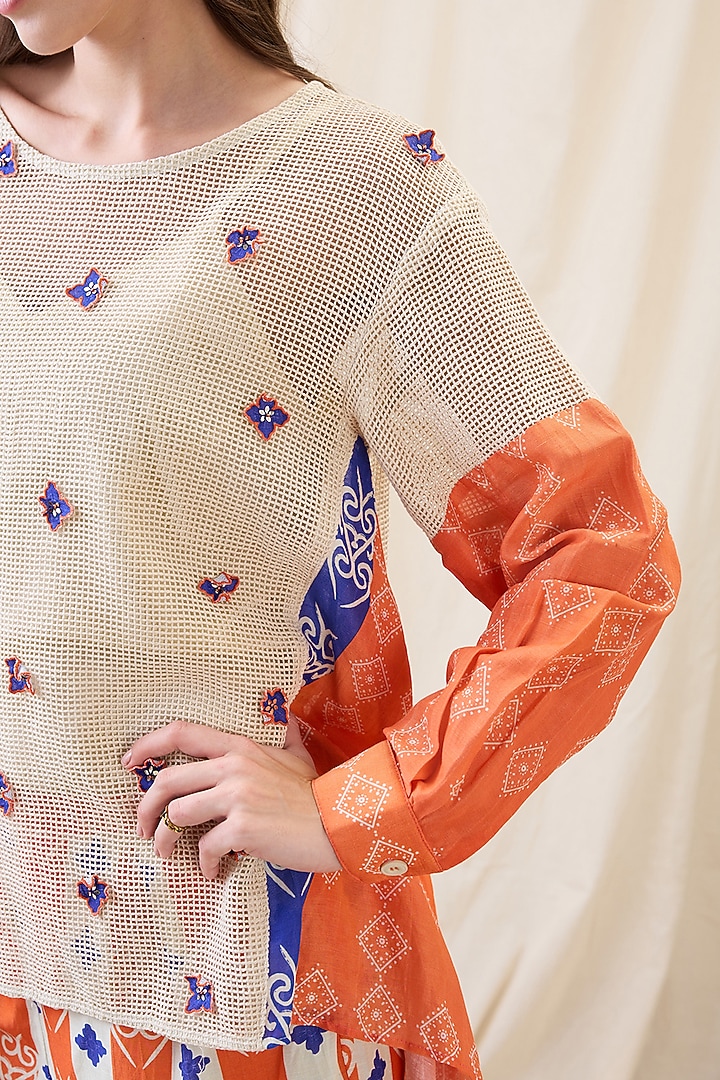 Orange & Off-White Linen Applique Work Co-Ord Set by Soup by Sougat Paul at Pernia's Pop Up Shop