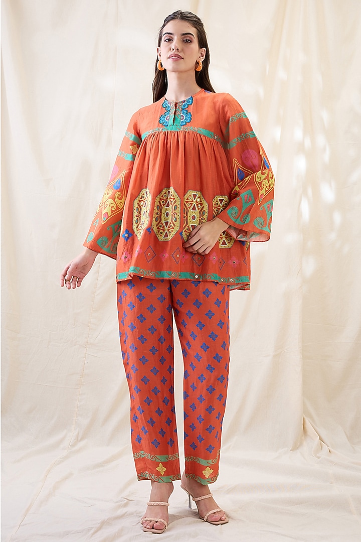 Orange Linen Printed & Embellished Co-Ord Set by Soup by Sougat Paul at Pernia's Pop Up Shop