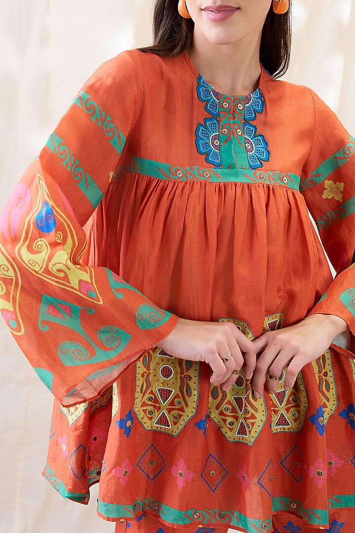 Orange Linen Printed & Embellished Co-Ord Set by Soup by Sougat Paul at Pernia's Pop Up Shop