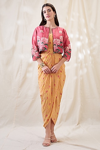 Yellow Crepe Printed Dress With Jacket by Soup by Sougat Paul