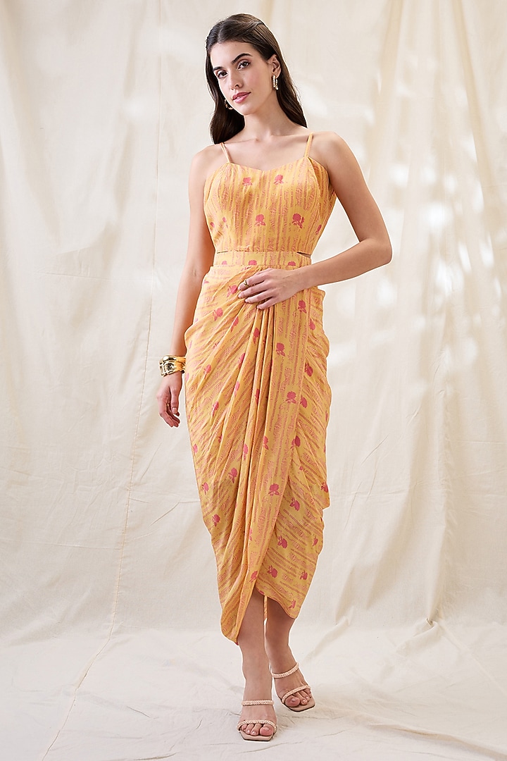 Yellow Crepe Printed Vacation Dress With Jacket by Soup by Sougat Paul at Pernia's Pop Up Shop