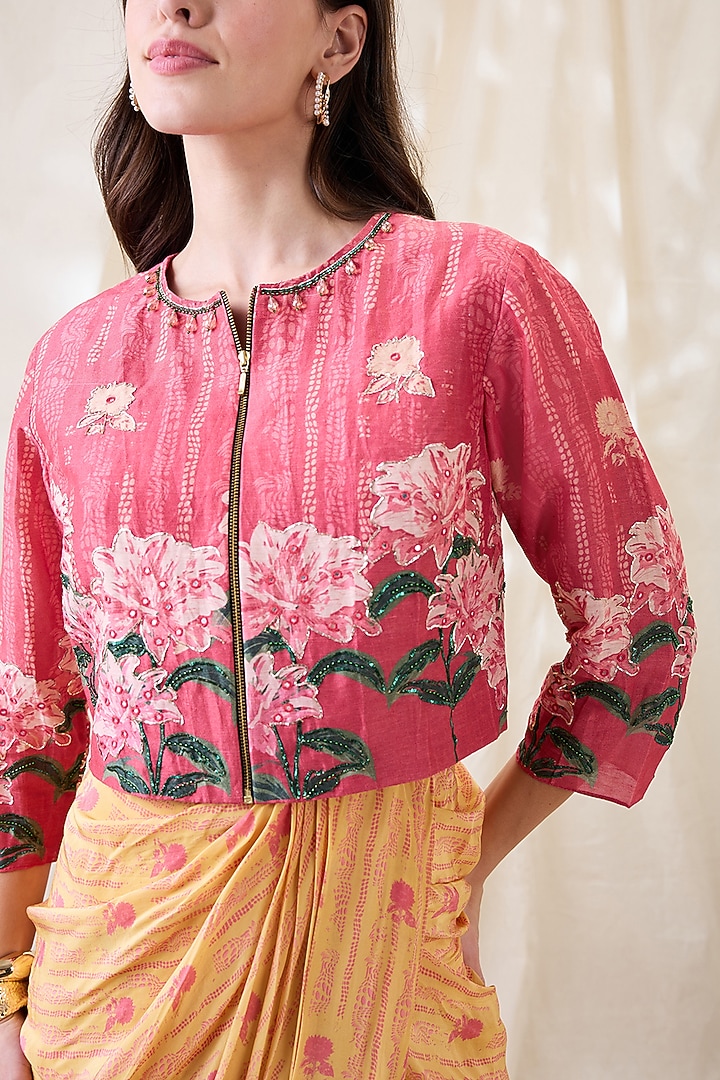 Yellow Crepe Printed Vacation Dress With Jacket by Soup by Sougat Paul at Pernia's Pop Up Shop
