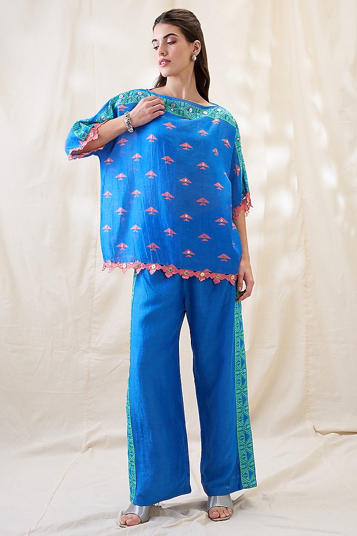 Blue Linen Embellished Co-Ord Set by Soup by Sougat Paul at Pernia's Pop Up Shop