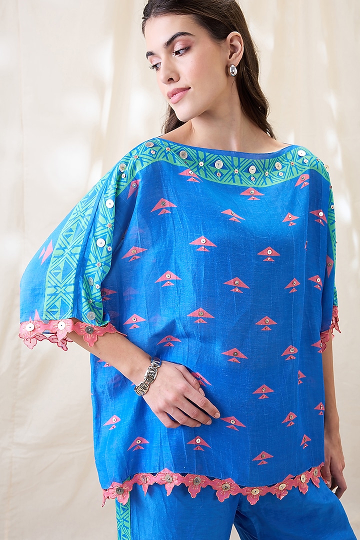Blue Linen Embellished Co-Ord Set by Soup by Sougat Paul at Pernia's Pop Up Shop