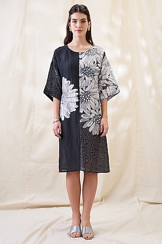 Black & Grey Linen Embroidered Color-Block Dress by Soup by Sougat Paul