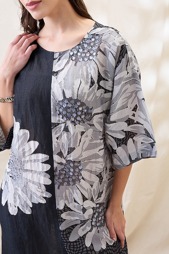 Black & Grey Linen Embroidered Color-Block Summer Dress by Soup by Sougat Paul at Pernia's Pop Up Shop