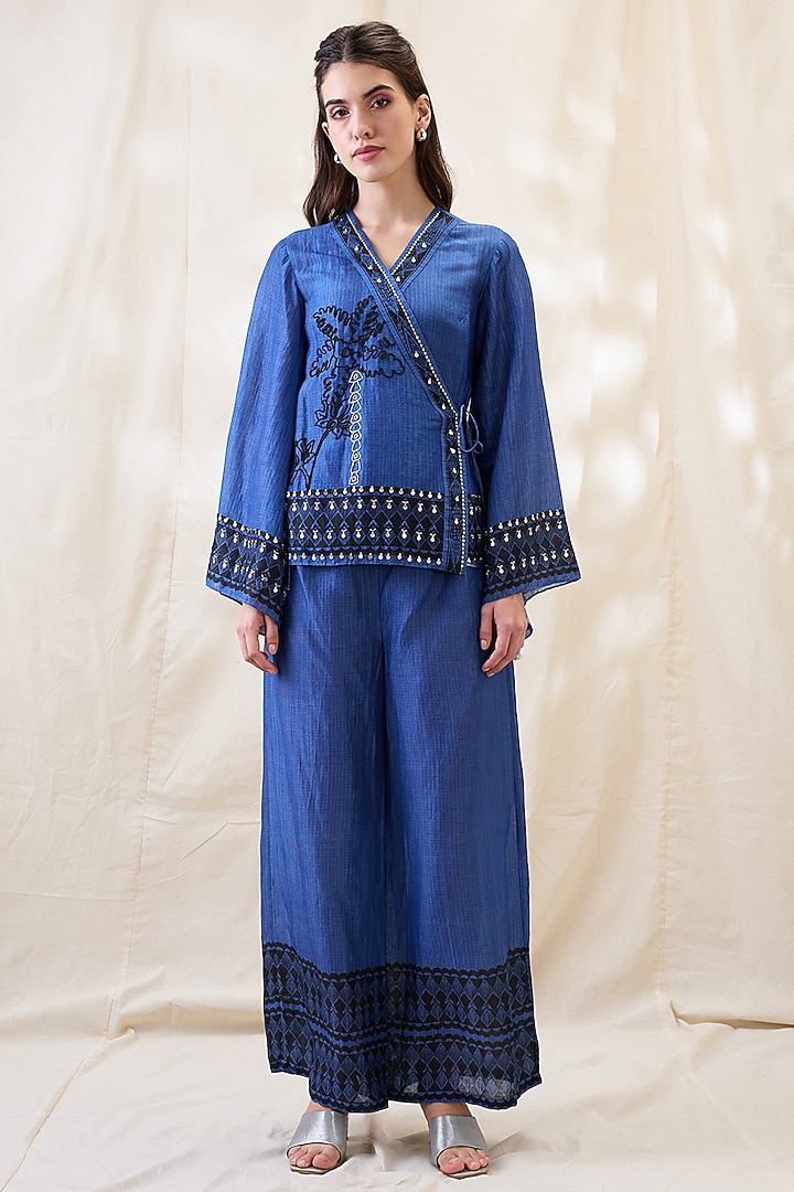 Blue Linen Embellished Co-Ord Set by Soup by Sougat Paul at Pernia's Pop Up Shop