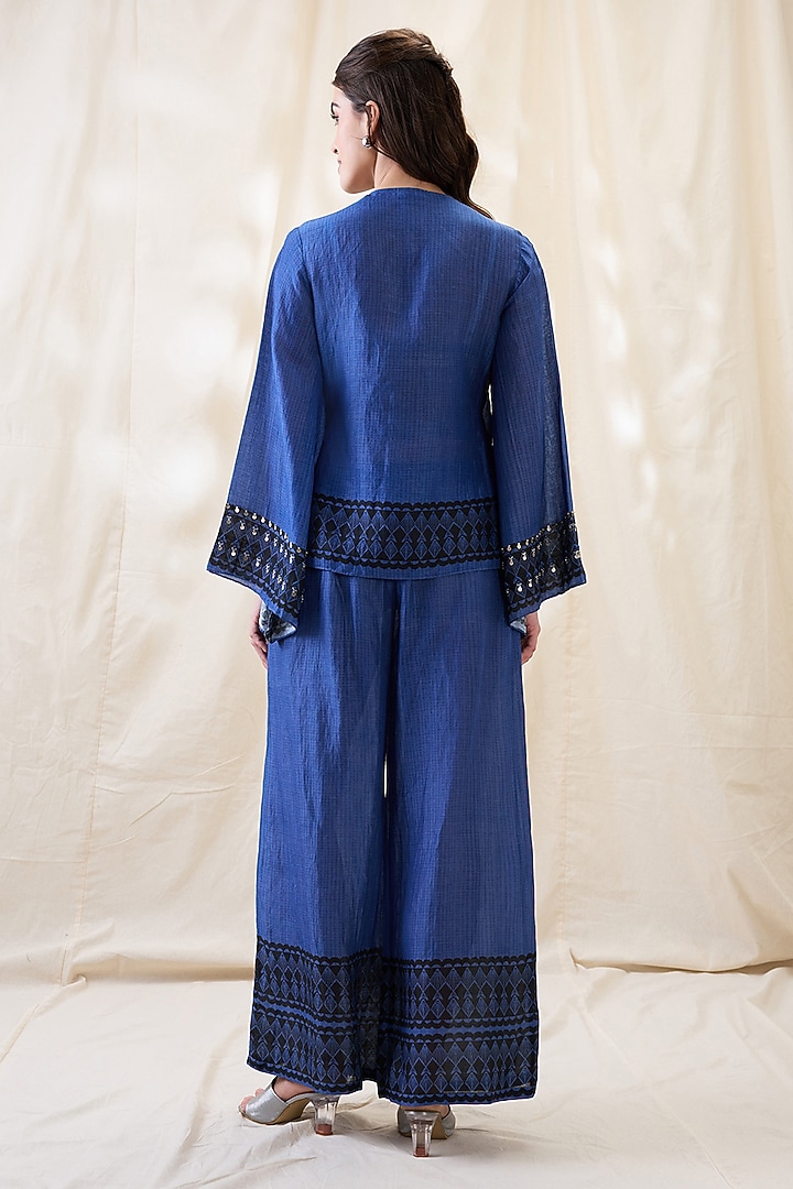 Blue Linen Embellished Co-Ord Set by Soup by Sougat Paul at Pernia's Pop Up Shop