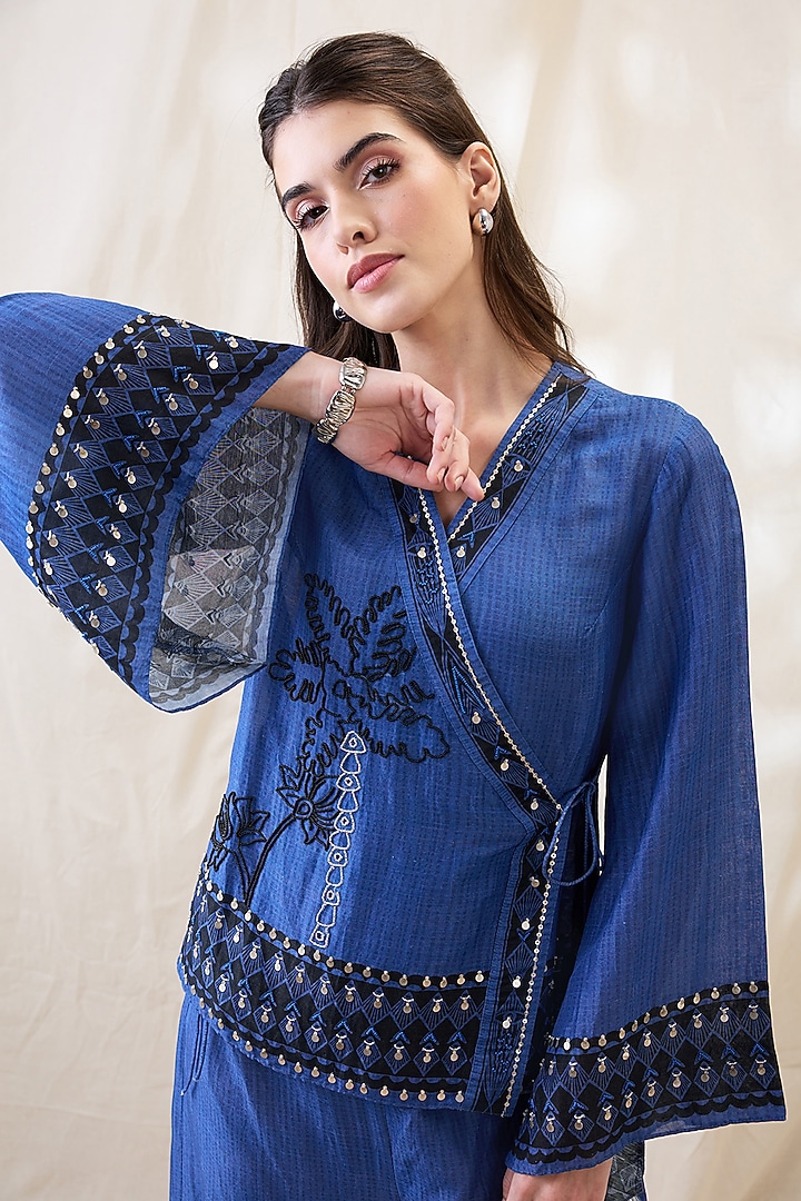 Blue Linen Embellished Co-Ord Set by Soup by Sougat Paul at Pernia's Pop Up Shop