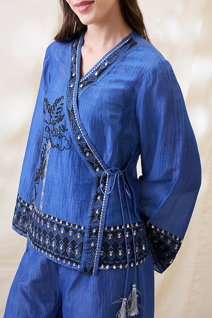 Blue Linen Embellished Co-Ord Set by Soup by Sougat Paul at Pernia's Pop Up Shop