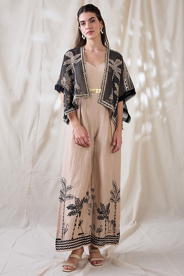 Beige Cotton Silk Printed Jumpsuit With Jacket by Soup by Sougat Paul at Pernia's Pop Up Shop