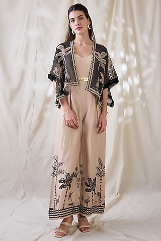 Beige Cotton Silk Printed Jumpsuit With Jacket by Soup by Sougat Paul