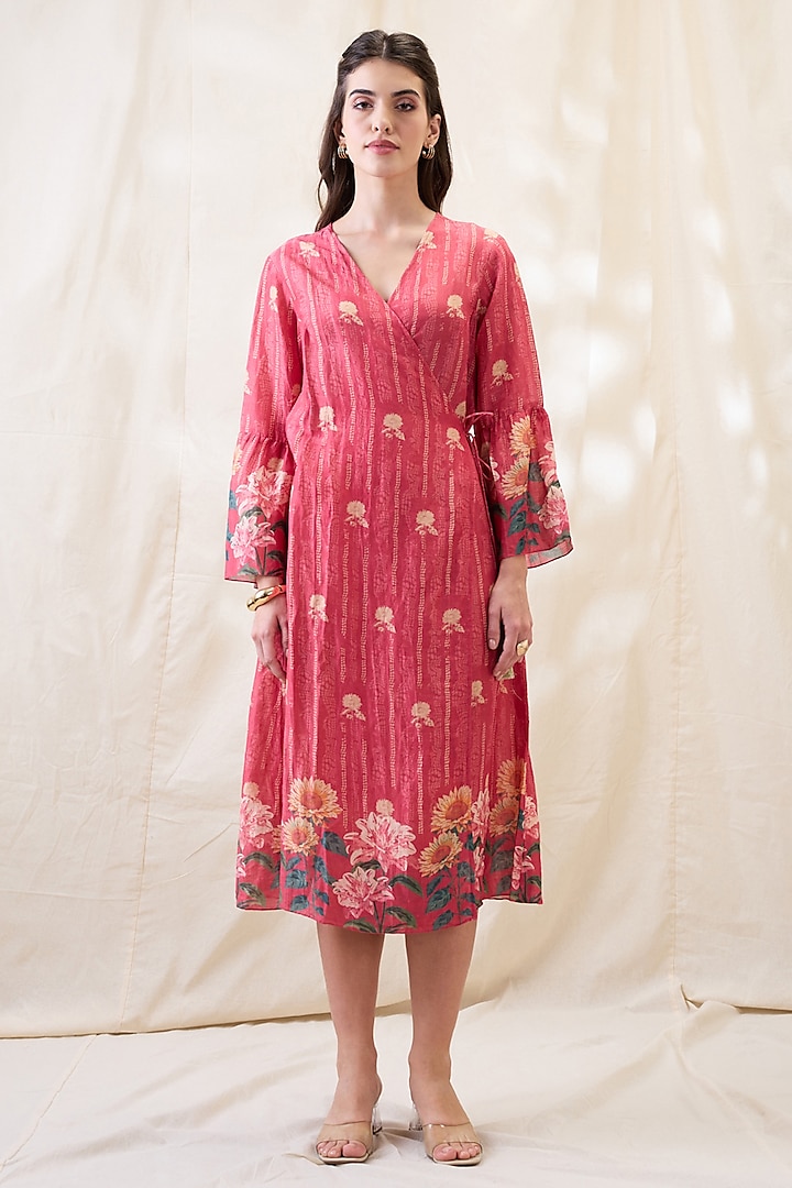 Pink Linen Printed Overlapped Summer Dress by Soup by Sougat Paul at Pernia's Pop Up Shop