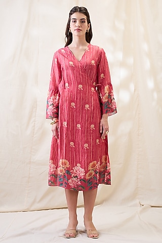 Pink Linen Printed Overlapped Dress by Soup by Sougat Paul
