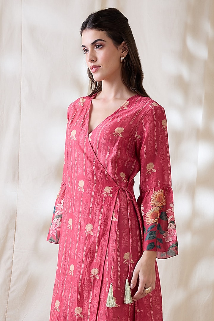 Pink Linen Printed Overlapped Summer Dress by Soup by Sougat Paul at Pernia's Pop Up Shop