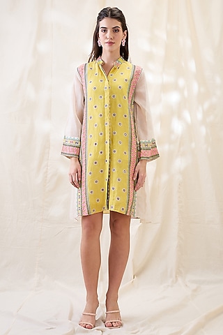 Yellow Linen Embellished A-line Dress by Soup by Sougat Paul