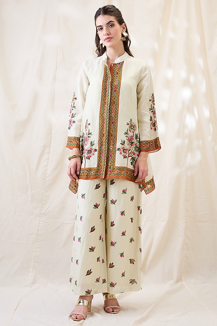 Beige Linen Embroidered Tunic Set by Soup by Sougat Paul at Pernia's Pop Up Shop