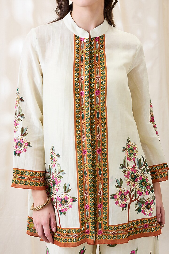 Beige Linen Embroidered Tunic Set by Soup by Sougat Paul at Pernia's Pop Up Shop